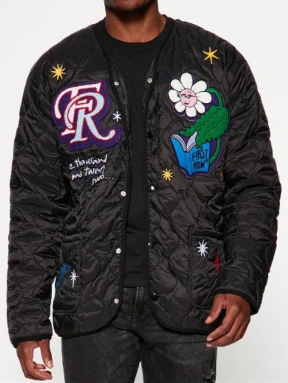 First Row Black Quilted Patchwork Embroidered Quilted Puffer Jacket Men L Urban
